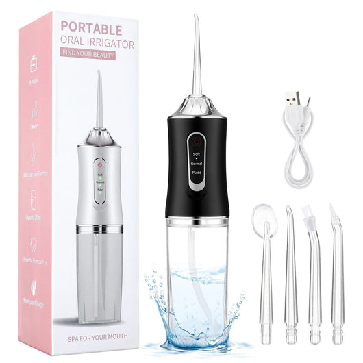 Pink portable electric oral irrigator with clear water tank and four nozzles, highlighting adjustable pressure and pulse mode. - Image 2