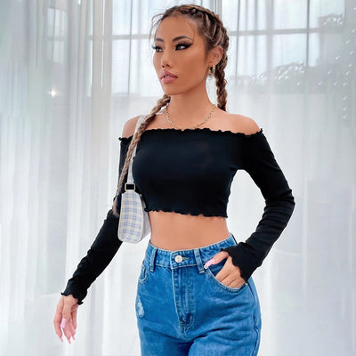 Blusa Crop Hombro Descubierto de Punto Manga Larga para Mujer - Image 10