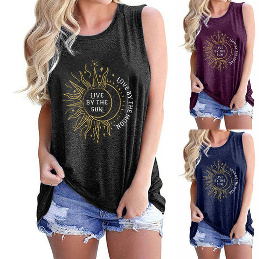 Chaleco Mujer Estampado Girasol Luna y Sol - Cuello Redondo Sin Mangas