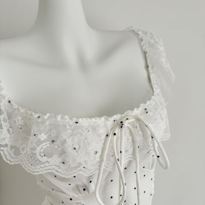 Blusa Crop Ajustada con Volantes, Encaje y Lunares - Manga Casquete - Image 15