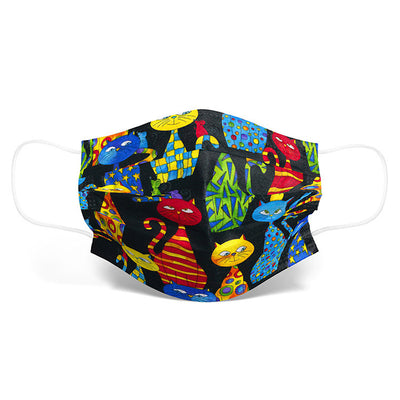 Disposable face mask with a colorful, artistic cartoon cat print and white ear loops. - Image 8