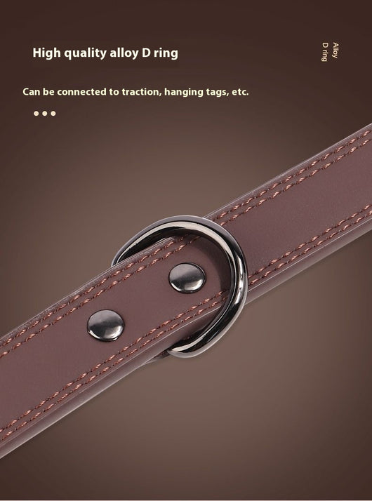 Teal leather pet collar with white stitching, dark metal buckle, and D-ring, displayed on a brown surface. - Image 10