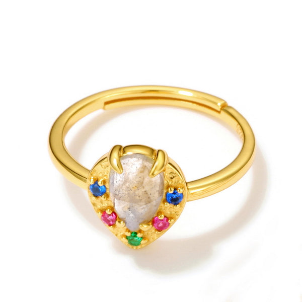 Anillo de Plata Esterlina Chapada en Oro 9K con Labradorita Natural y Circonia