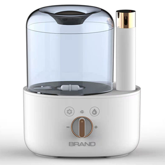 White and clear humidifier with a visible water vortex, emitting mist, and featuring a rose gold accent. - Image 5