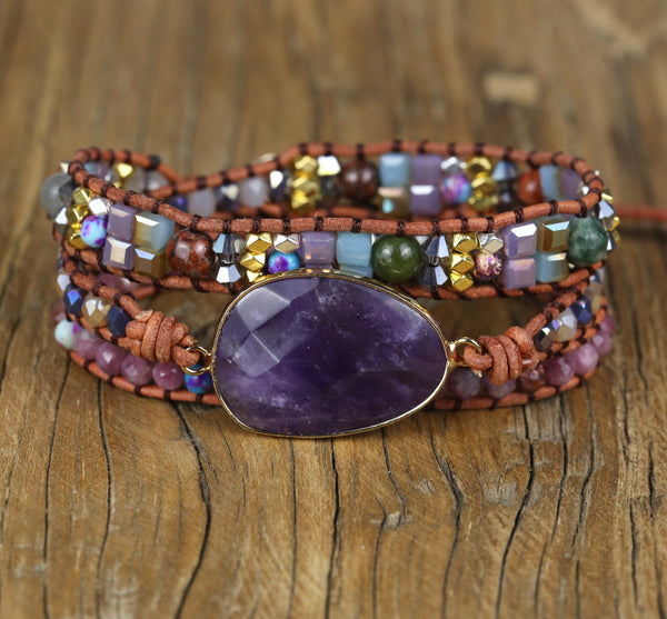 Pulsera de Cuero Tejida a Mano con Amatista - Energía Multicapa