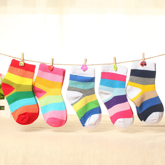 Calcetines Infantiles de Algodón Peinado Rayas Arcoíris con Puño Sin Presión
