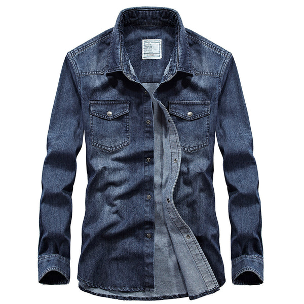 Camisa Denim Manga Larga para Hombre Talla Grande Cuello Solapa