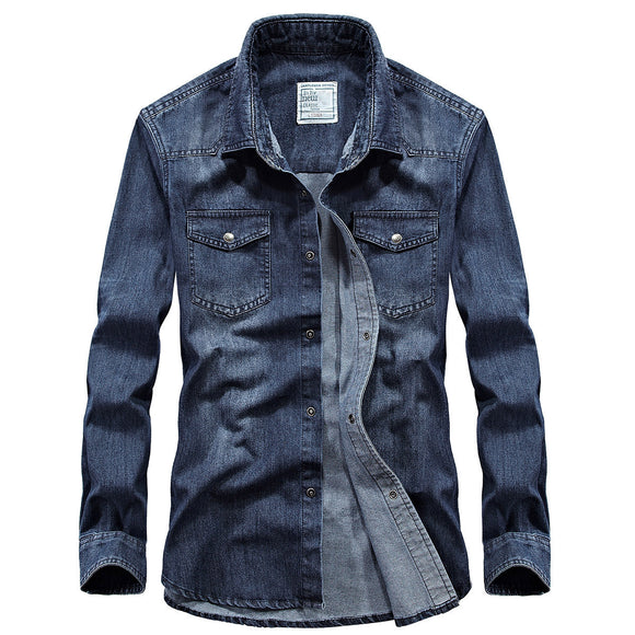 Camisa Masculina Plus Size Jeans Manga Longa Gola Colarinho