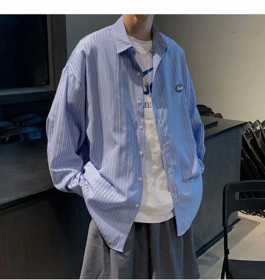 Camisa de Manga Larga Estilo Hong Kong a Rayas Casual Suelta Juvenil - Image 2