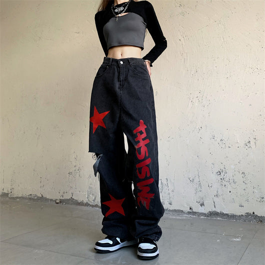 Jeans Rectos Anchos con Estampado de Estrellas Vintage y Roturas - Image 8