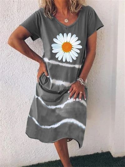 Vestido de Verano Estampado Girasol con Rayas - Manga Corta para Mujer - Image 2
