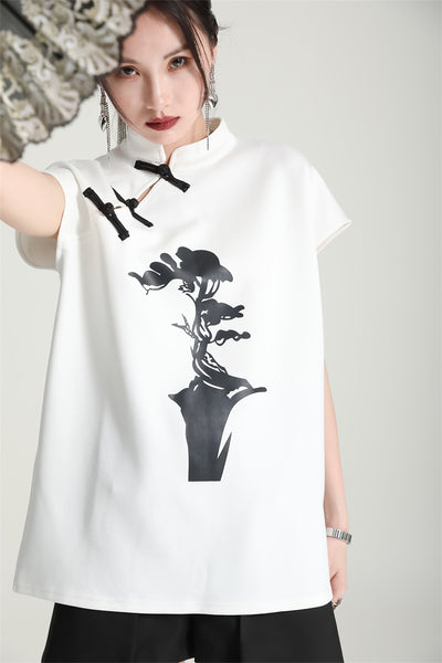 Blusa Cheongsam Moderna con Botones de Rana - Camiseta Estampada Manga Corta Verano - Image 6