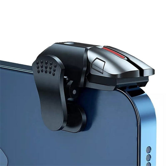 Pair of black and silver G21 six-finger auxiliary firing mobile gaming triggers with red accents on a blue surface. - Image 8