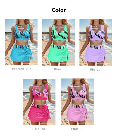 Mint green halter bikini top and swim skirt set with black and white polka dot pattern, modeled on a beach. - Image 17