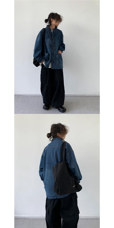 Camisa Denim Unisex con Cuello Parado y Botones Rana Retro - Image 14