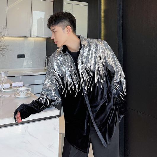 Camisa de Terciopelo con Lentejuelas y Bordados de Plumas para Hombre - Image 4
