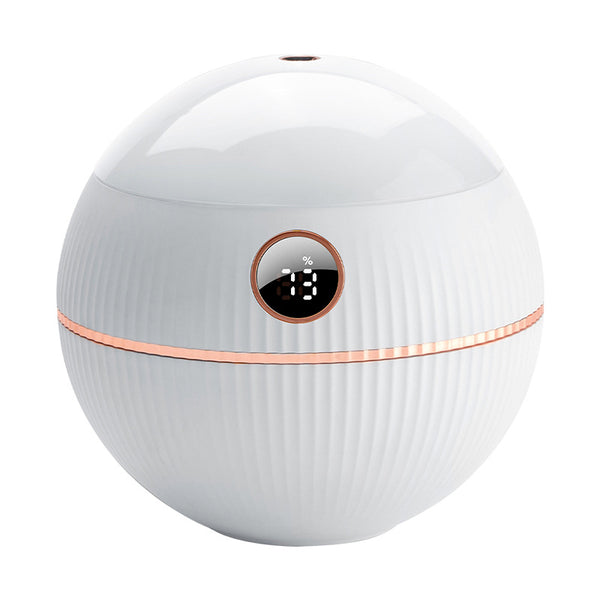 Pink spherical humidifier with a white top, ribbed texture, rose gold band, and a digital display showing 73%. - Image 4