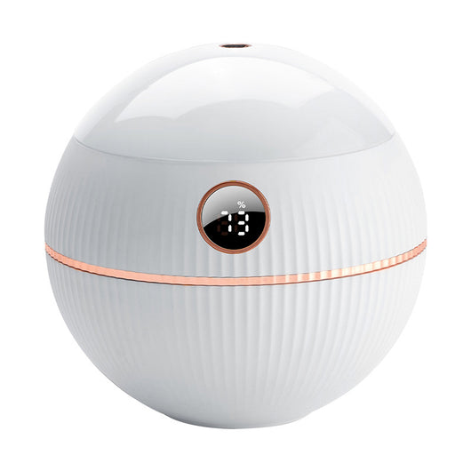 Pink spherical humidifier with a white top, ribbed texture, rose gold band, and a digital display showing 73%. - Image 4