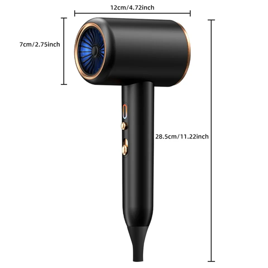 Gray professional hair dryer with a blue fan, 1875W, shown with a US 110V plug and a rotating air collector nozzle. - Image 31
