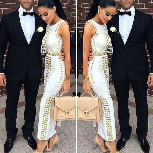 Vestido Midi Elegante con Detalles de Remaches y Brillos