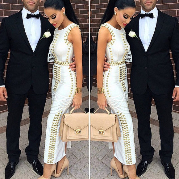 Vestido Midi Elegante con Detalles de Remaches y Brillos