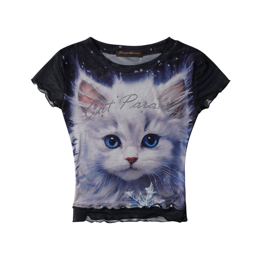 Playera Corta Diseño Americano con Estampado de Gato para Mujer - Image 2