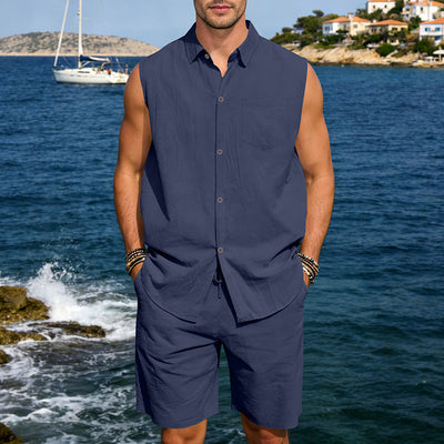 Conjunto de Camisa y Pantalones Cortos de Lino para Hombre - Image 31