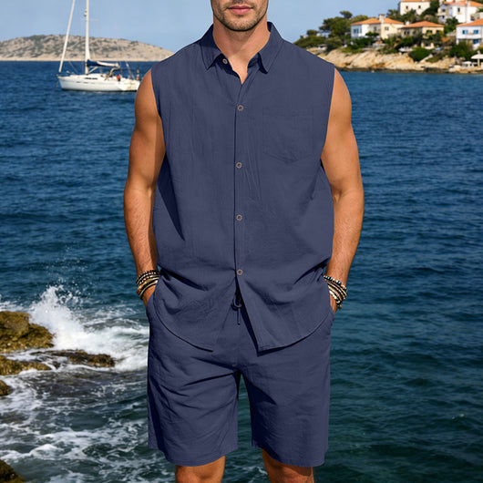 Conjunto de Camisa y Pantalones Cortos de Lino para Hombre - Image 31