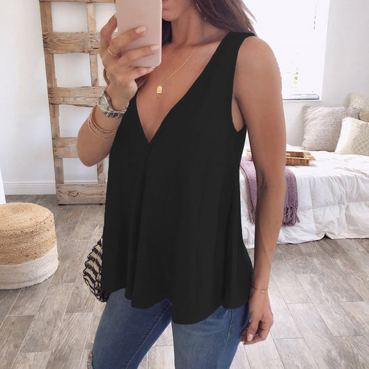 Blusa Suelta Escote en V Profundo sin Mangas Color Sólido - Image 12
