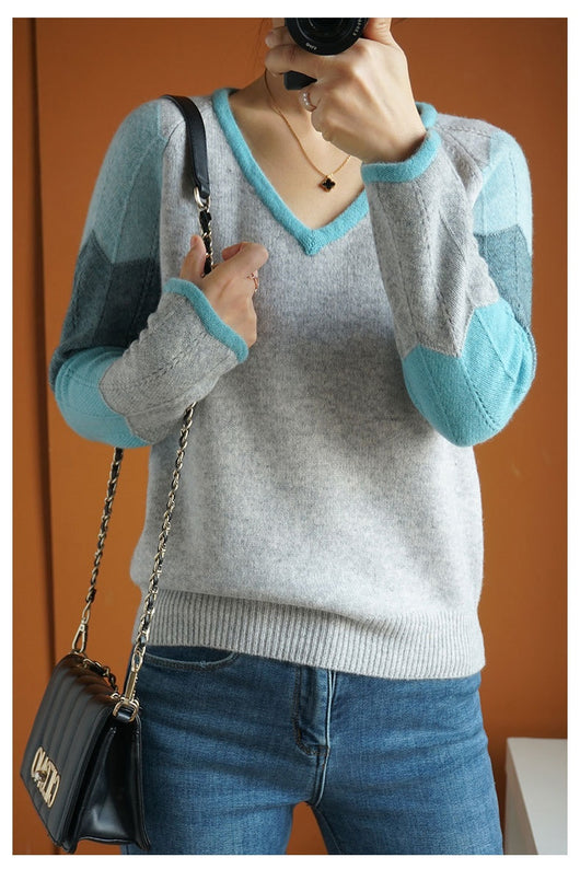 Suéter de Lana con Contraste de Colores para Mujer - Cuello V Térmico - Image 17