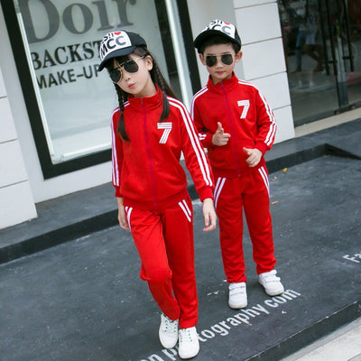 Red polyester sports suit with a full-zip jacket featuring white stripes and a '7' graphic, paired with matching pants. - Image 10