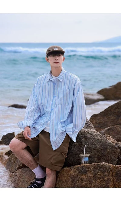 Camisa de Manga Larga Protección Solar Holgada a Rayas para Hombre - Image 18