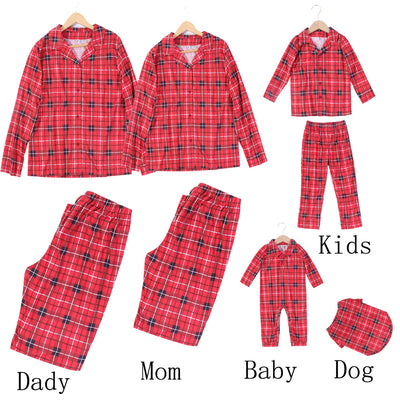 Red, black, and white plaid long-sleeve baby romper with a collar and snap closures, hanging on a hanger. - Image 27