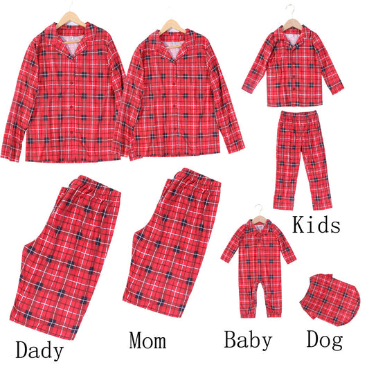 Red, black, and white plaid long-sleeve baby romper with a collar and snap closures, hanging on a hanger. - Image 27
