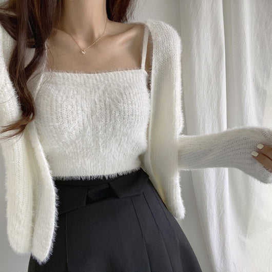 Conjunto de Dos Piezas: Cardigan de Visón Tejido con Top Tubo Primavera - Image 3
