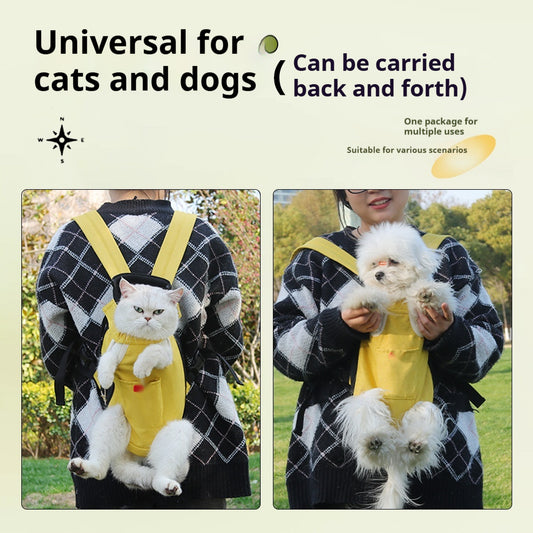 Denim blue pet carrier backpack with open head and leg holes, featuring breathable mesh and a front pocket. - Image 2