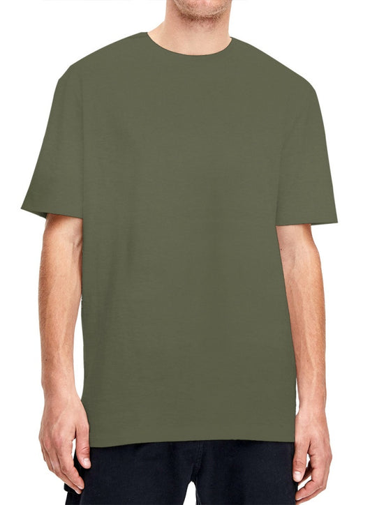 Plain light beige short-sleeved crew neck t-shirt made of cotton, shown on a model. - Image 10