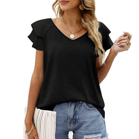 Blusa Cuello V Doble Capa Hoja de Loto Manga Corta para Dama - Image 22