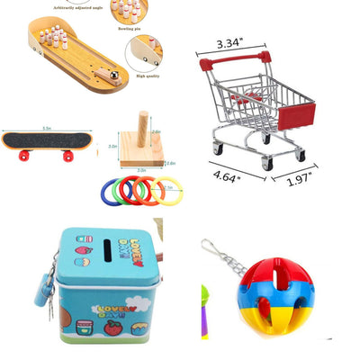 Wooden bird puzzle training toy set with a treat box, mini skateboard, and colorful ring toss game. - Image 7