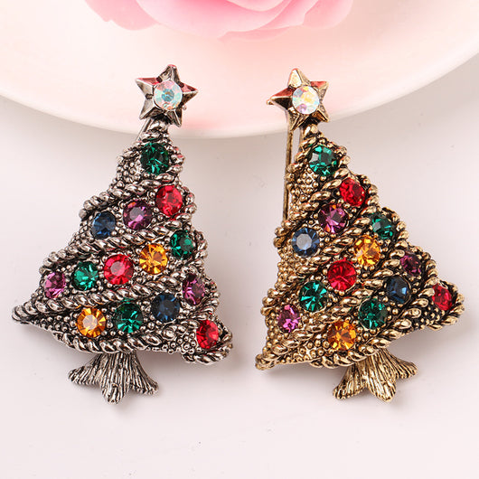 Broche Vintage de Árbol Navideño con Diamantes