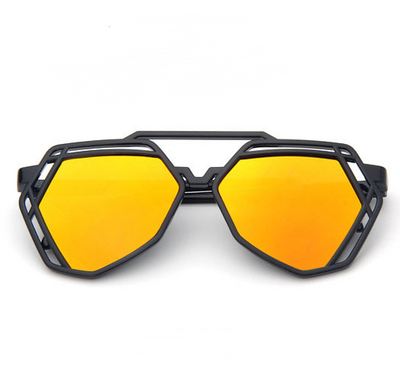 Black geometric cut-out sunglasses with blue mirrored lenses, shown from front and side angles. - Image 9