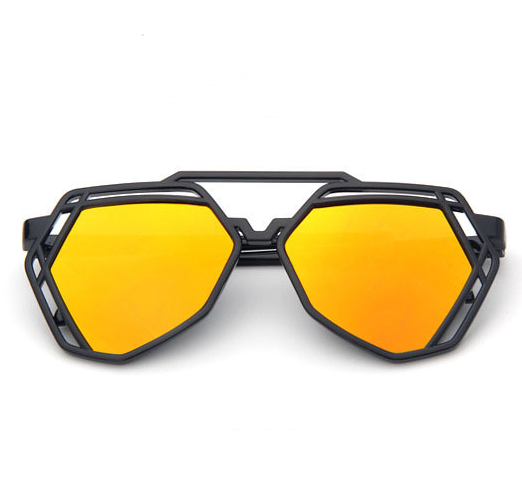 Black geometric cut-out sunglasses with blue mirrored lenses, shown from front and side angles. - Image 9