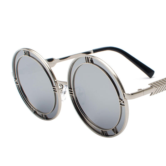 Round frame fashion sunglasses with light blue resin lenses and silver-tone metal frames featuring Roman numeral cutouts.