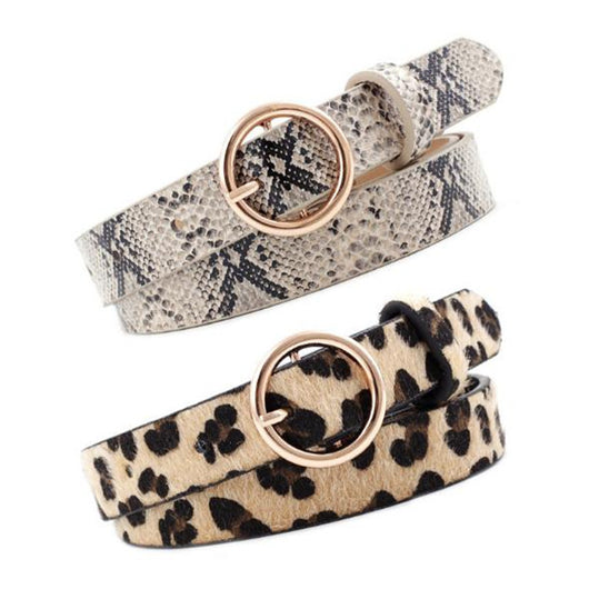 Women's zebra print fashion belt with black and white stripes and a round gold-tone buckle.