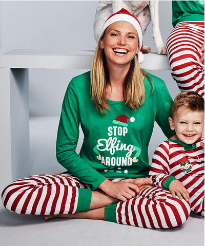 Red and white striped baby footed sleeper with green cuffs and an elf graphic, featuring a full-length zipper. - Image 8