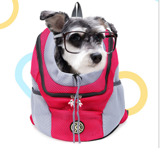 Orange and grey pet carrier backpack with breathable mesh, adjustable neck opening, and front zipper pocket. - Image 2