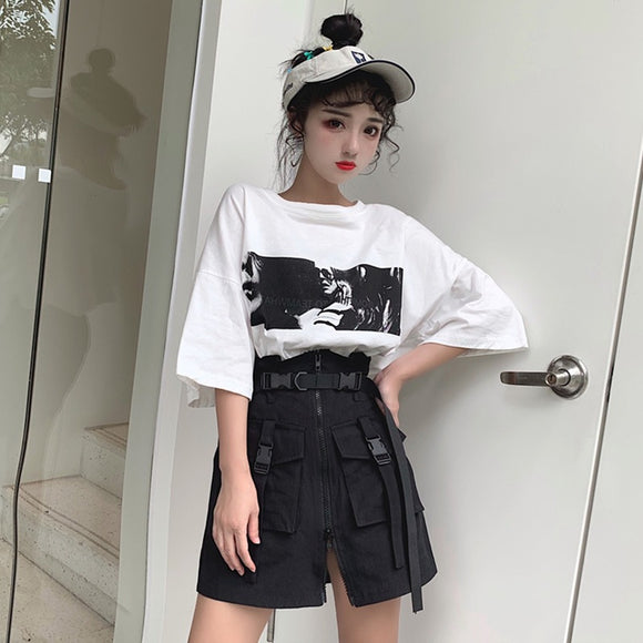 Falda de Cintura Alta con Bolsillos y Cierre Harajuku