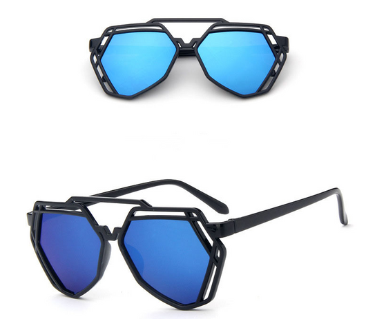 Black geometric cut-out sunglasses with blue mirrored lenses, shown from front and side angles.