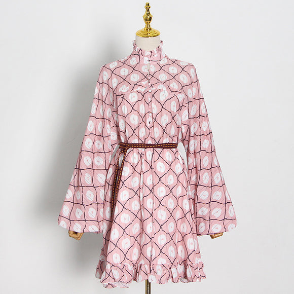 Vestido Estampado con Cuello Alto y Mangas Globo
