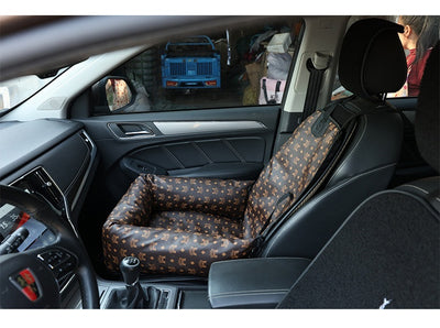 Brown and white patterned pet car seat with black trim and handles, designed for comfortable and secure pet travel. - Image 15
